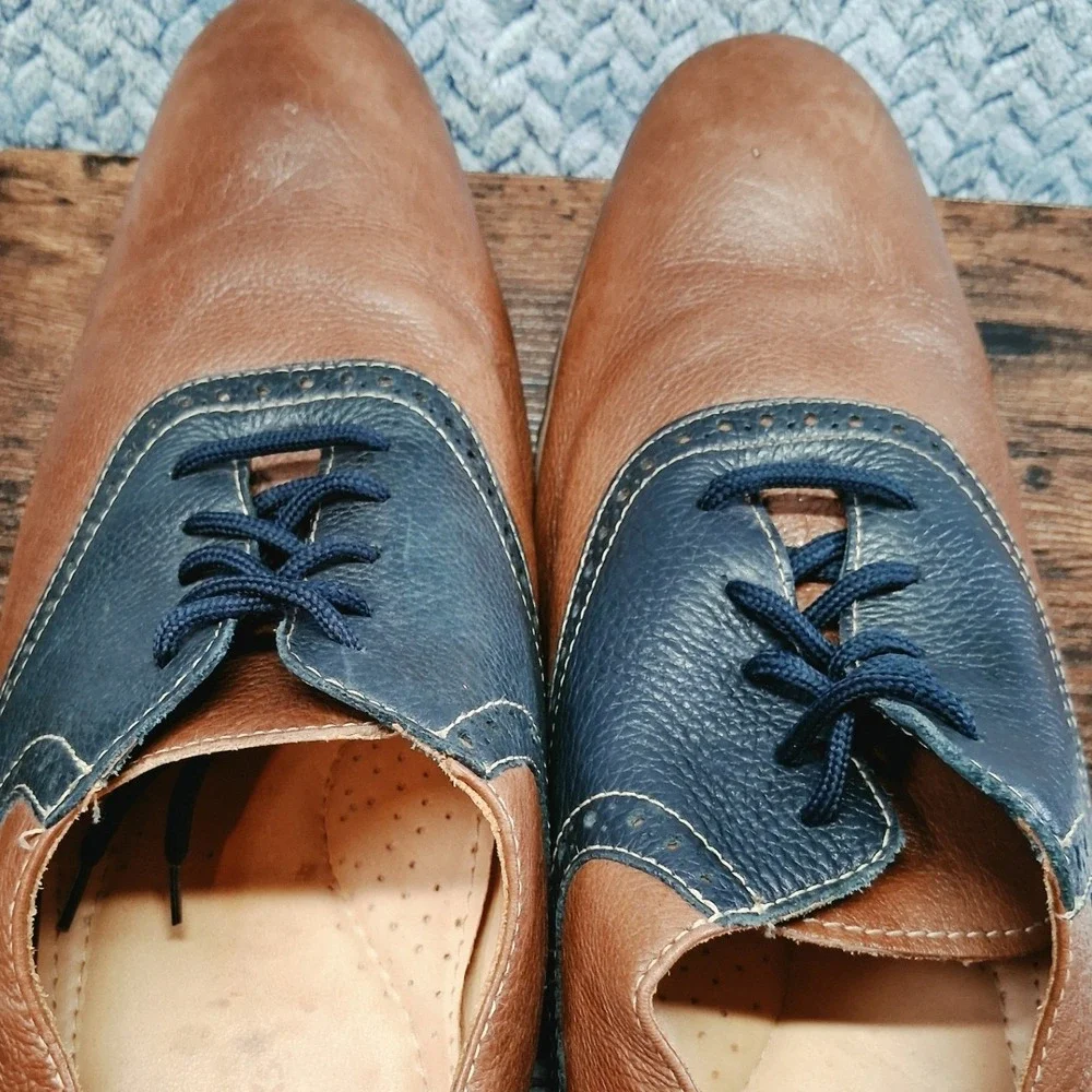 Clarks Mens 13 D Leather Saddle Shoes Brown Navy Blue Oxford 66101 Brazil